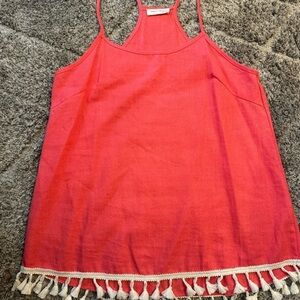 Orange Tank Top with White Tassel Hem - Like New! Size Large
